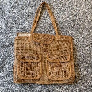Vintage 70s Woven Tan Tote Bag with Pockets
